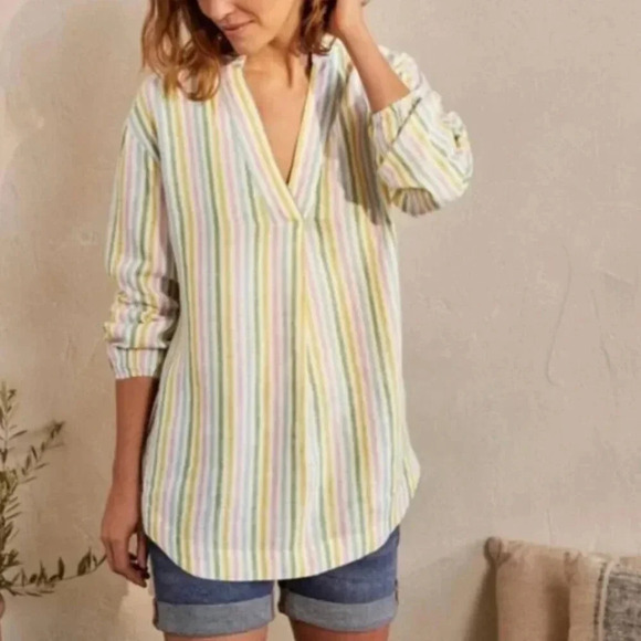 Boden Tops - Boden Linen Pastel Rainbow Striped Tunic Top